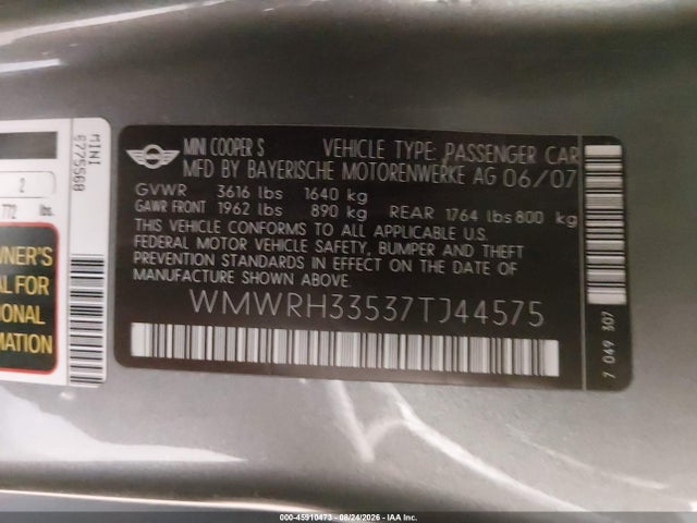 Продажа на аукционе авто 2007 Mini Cooper S, vin: WMWRH33537TJ44575, номер лота: 45910473
