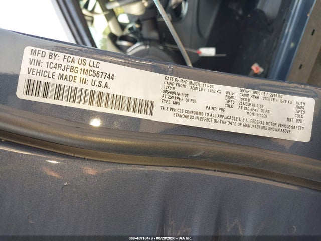 45910478 :رقم المزاد ، 1C4RJFBG1MC567744 vin ، 2021 Jeep Grand Cherokee Limited 4x4 مزاد بيع
