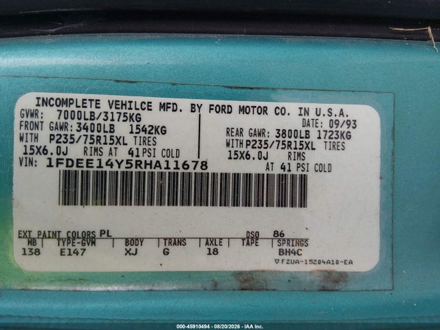 45910494 :رقم المزاد ، 1FDEE14Y5RHA11678 vin ، 1994 Ford Econoline E150 Van مزاد بيع