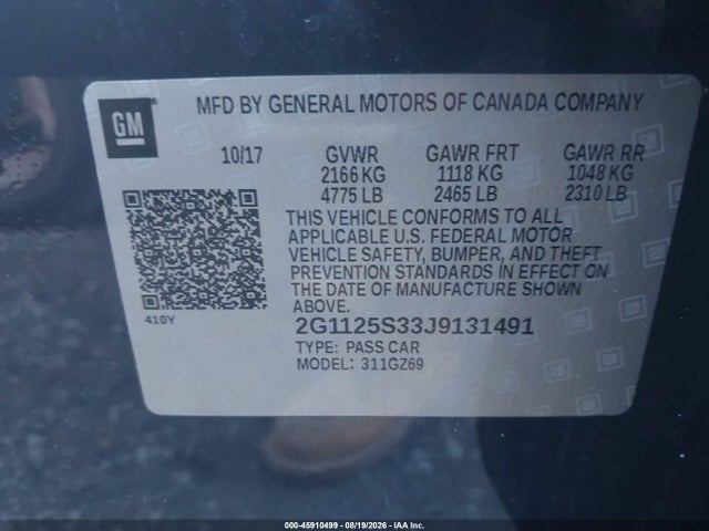 Aukcja sprzedaży 2018 Chevrolet Impala 2lz, vin: 2G1125S33J9131491, numer aukcji: 45910499