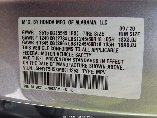 Honda Pilot 2wd Ex-l 2021 5FNYF5H5XMB011268 Image 9