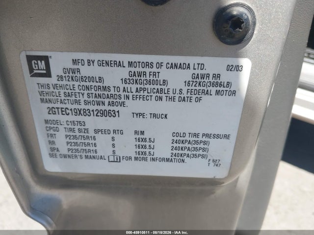 Продаж на аукціоні авто 2003 Gmc Sierra 1500 Work Truck, vin: 2GTEC19X831290631, номер лоту: 45910511