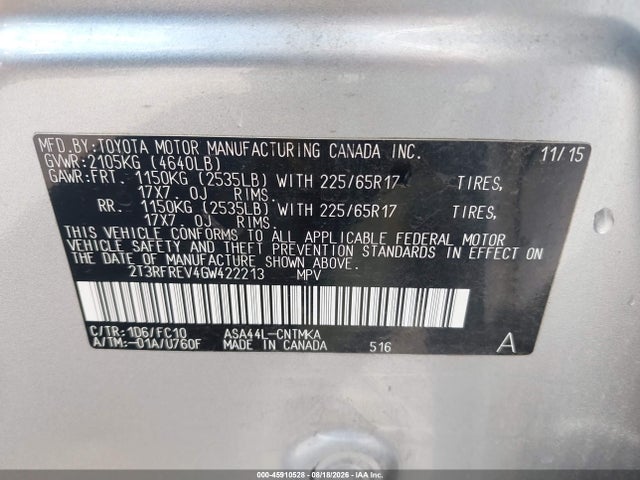 Aukcja sprzedaży 2016 Toyota Rav4 Xle, vin: 2T3RFREV4GW422213, numer aukcji: 45910528