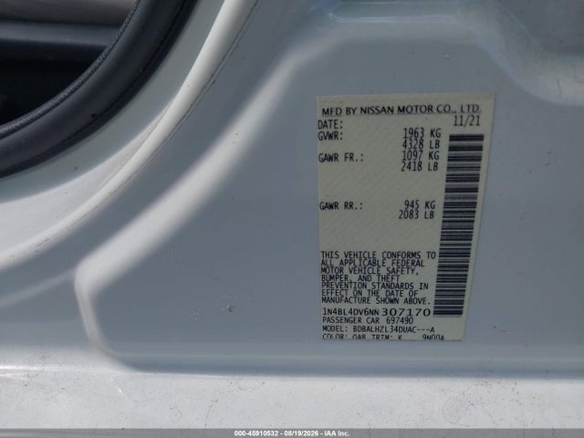 45910532 :رقم المزاد ، 1N4BL4DV6NN307170 vin ، 2022 Nissan Altima Sv Fwd مزاد بيع