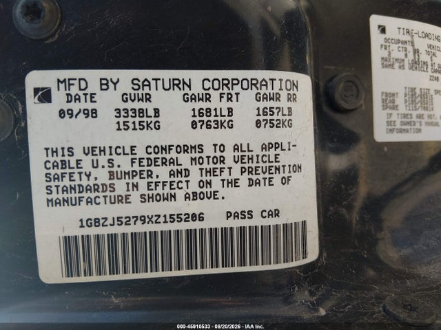 Aukcja sprzedaży 1999 Saturn Sl2, vin: 1G8ZJ5279XZ155206, numer aukcji: 45910533