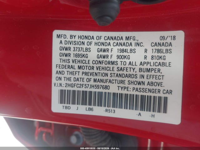2HGFC2F57JH597680 Honda Civic Lx