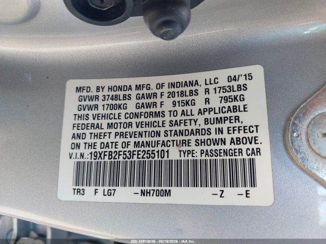 Aukcja sprzedaży 2015 Honda Civic Lx, vin: 19XFB2F53FE255101, numer aukcji: 45910536