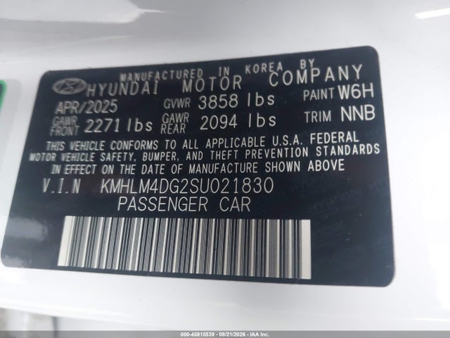 45910539 :رقم المزاد ، KMHLM4DG2SU021830 vin ، 2025 Hyundai Elantra Sel Sport مزاد بيع