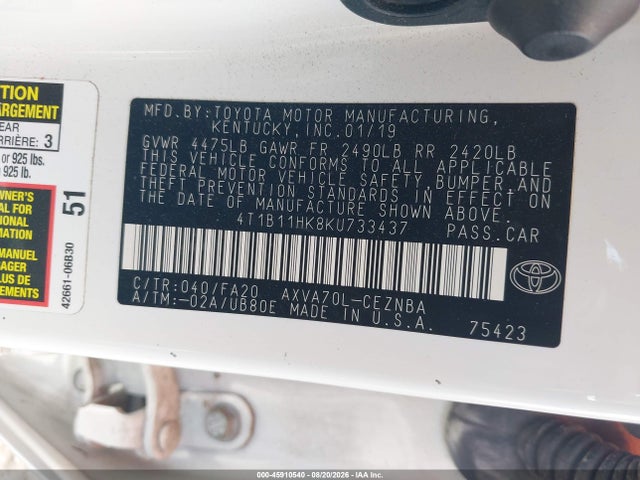 4T1B11HK8KU733437 Toyota CAMRY LE