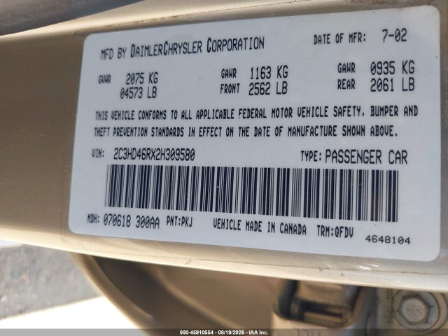 Aukcja sprzedaży 2002 Chrysler Concorde Lx, vin: 2C3HD46RX2H309580, numer aukcji: 45910554