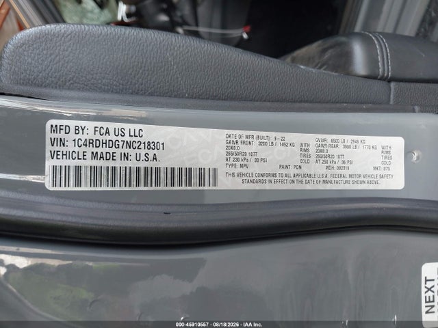 Aukcja sprzedaży 2022 Dodge Durango Gt Plus Rwd, vin: 1C4RDHDG7NC218301, numer aukcji: 45910557