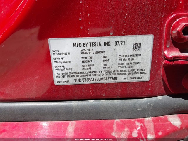 2021 Tesla Model S Long Range Dual Motor All-wheel Drive მანქანა იყიდება აუქციონზე, vin: 5YJSA1E56MF437749, აუქციონის ნომერი: 45910560
