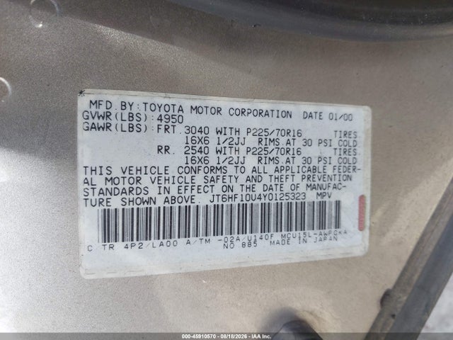 2000 Lexus Rx 300 მანქანა იყიდება აუქციონზე, vin: JT6HF10U4Y0125323, აუქციონის ნომერი: 45910570