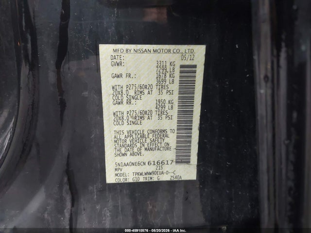 Продажа на аукционе авто 2012 Nissan Armada Platinum, vin: 5N1AA0NE6CN616617, номер лота: 45910576