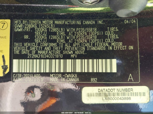 45910597 :رقم المزاد ، 2T2HA31U34C021810 vin ، 2004 Lexus Rx 330 مزاد بيع