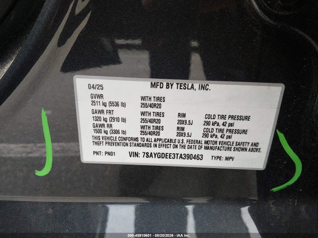 2026 Tesla Model Y All-wheel Drive/long Range Launch Series/premium All-wheel Drive მანქანა იყიდება აუქციონზე, vin: 7SAYGDEE3TA390463, აუქციონის ნომერი: 45910601