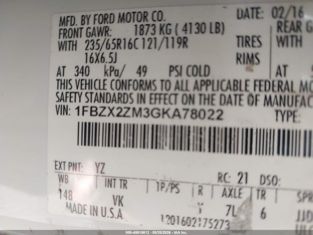 Продажа на аукционе авто 2016 Ford Transit-350 Xl, vin: 1FBZX2ZM3GKA78022, номер лота: 45910612