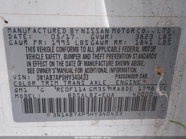 2017 Nissan Sentra S მანქანა იყიდება აუქციონზე, vin: 3N1AB7AP9HY340433, აუქციონის ნომერი: 45910618