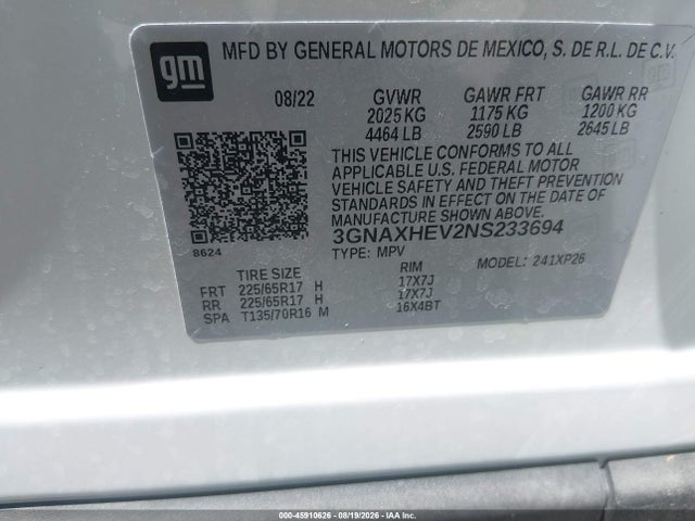 45910626 :رقم المزاد ، 3GNAXHEV2NS233694 vin ، 2022 Chevrolet Equinox Fwd Ls مزاد بيع