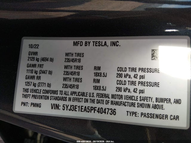 Aukcja sprzedaży 2023 Tesla Model 3 Rear-wheel Drive, vin: 5YJ3E1EA5PF404736, numer aukcji: 45910638