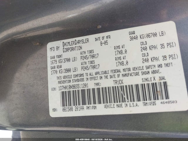 Aukcja sprzedaży 2006 Dodge Ram 1500 Slt, vin: 1D7HA18N96S511201, numer aukcji: 45910648