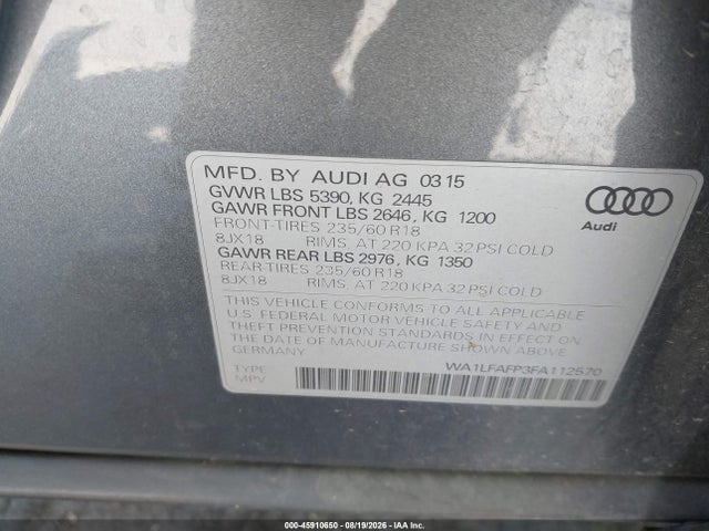 Продажа на аукционе авто 2015 Audi Q5 2.0t Premium, vin: WA1LFAFP3FA112570, номер лота: 45910650