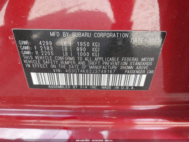 45910657 :رقم المزاد ، 4S3GTAK62J3749167 vin ، 2018 Subaru Impreza 2.0i Sport مزاد بيع