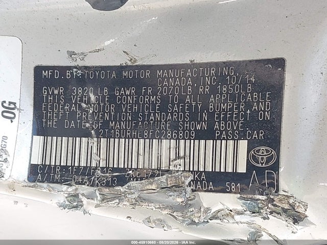 2T1BURHE8FC286809 Toyota COROLLA LE