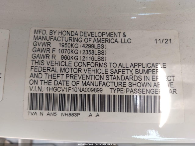 Продажа на аукционе авто 2022 Honda Accord Lx, vin: 1HGCV1F10NA009899, номер лота: 45910663