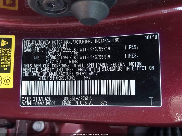 5TDDZRFH4KS934042 Toyota Highlander Limited Platinum