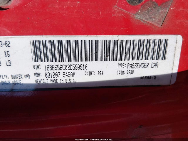 2002 Dodge Neon Sxt მანქანა იყიდება აუქციონზე, vin: 1B3ES56C02D590910, აუქციონის ნომერი: 45910667