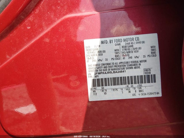 45910668 :رقم المزاد ، 2FMPK4J95LBA24841 vin ، 2020 Ford Edge Sel مزاد بيع