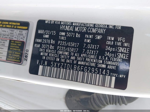 45910676 :رقم المزاد ، 5XYZTDLB6FG295143 vin ، 2015 Hyundai Santa Fe Sport 2.4l مزاد بيع