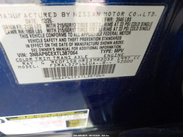 45910678 :رقم المزاد ، 3N8AP6CEXTL387064 vin ، 2026 Nissan Kicks Sv مزاد بيع