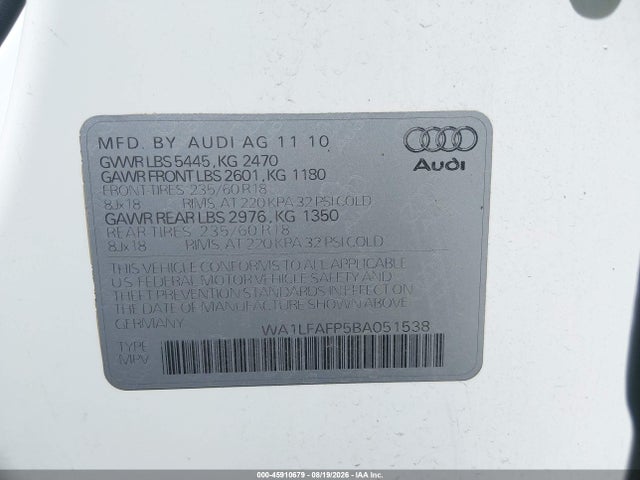 45910679 :رقم المزاد ، WA1LFAFP5BA051538 vin ، 2011 Audi Q5 2.0t Premium مزاد بيع