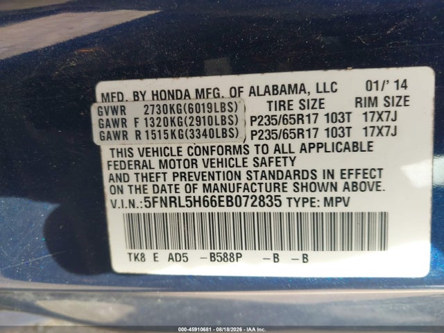 Honda Odyssey Ex-l 2014 5FNRL5H66EB072835 Image 9