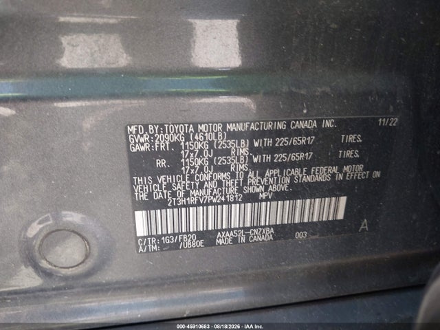 2023 Toyota Rav4 Le მანქანა იყიდება აუქციონზე, vin: 2T3H1RFV7PW241812, აუქციონის ნომერი: 45910683