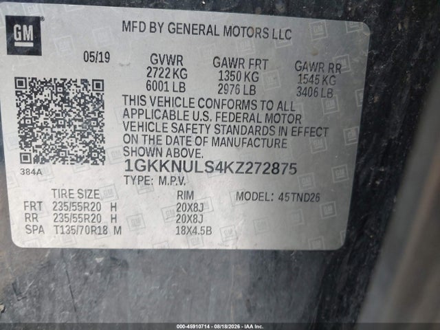 2019 Gmc Acadia Slt-1 მანქანა იყიდება აუქციონზე, vin: 1GKKNULS4KZ272875, აუქციონის ნომერი: 45910714