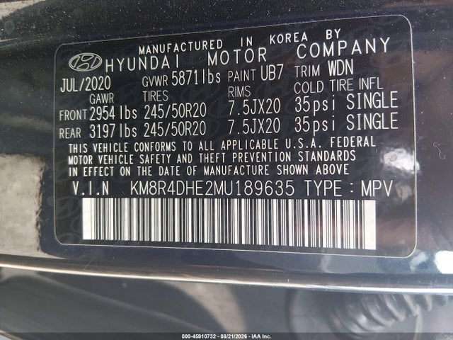 Aukcja sprzedaży 2021 Hyundai Palisade Sel, vin: KM8R4DHE2MU189635, numer aukcji: 45910732