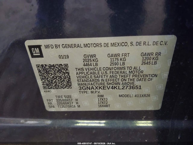 45910747 :رقم المزاد ، 3GNAXKEV4KL273651 vin ، 2019 Chevrolet Equinox Lt مزاد بيع