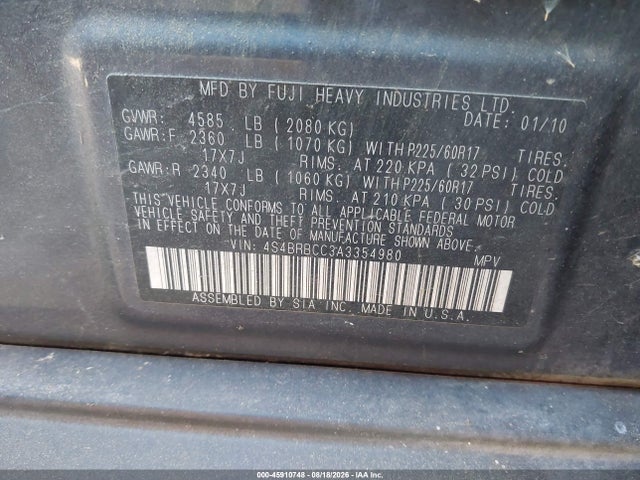 Продажа на аукционе авто 2010 Subaru Outback 2.5i Premium, vin: 4S4BRBCC3A3354980, номер лота: 45910748