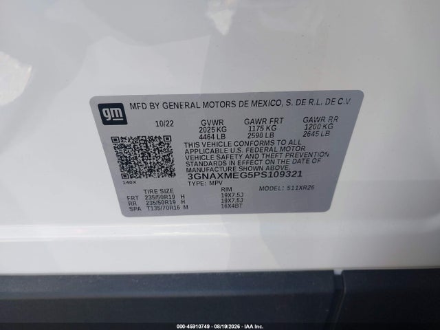 Продажа на аукционе авто 2023 Chevrolet Equinox Fwd Rs, vin: 3GNAXMEG5PS109321, номер лота: 45910749