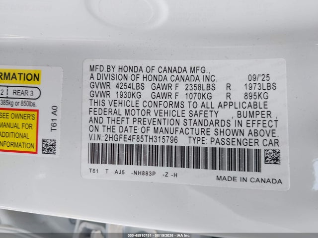 Продаж на аукціоні авто 2026 Honda Civic Hybrid Sport/sport Touring, vin: 2HGFE4F85TH315796, номер лоту: 45910751