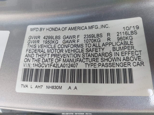 Продажа на аукционе авто 2020 Honda Accord Ex, vin: 1HGCV1F42LA012407, номер лота: 45910755