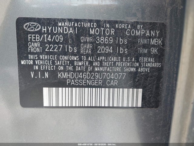 Auction sale of the 2009 Hyundai Elantra Gls, vin: KMHDU46D29U704077, lot number: 45910758