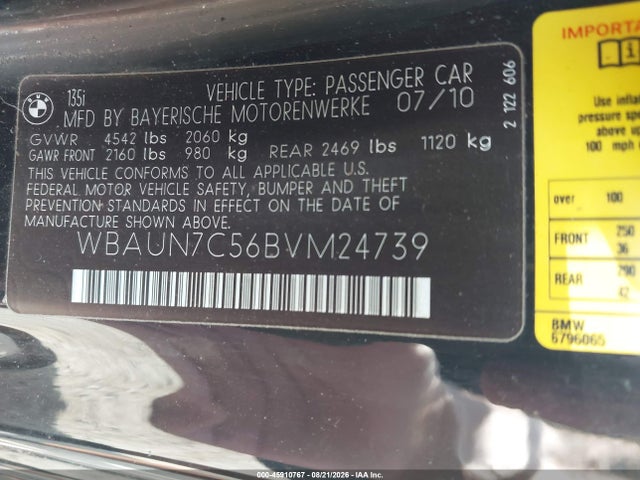 Продажа на аукционе авто 2011 Bmw 135i, vin: WBAUN7C56BVM24739, номер лота: 45910767