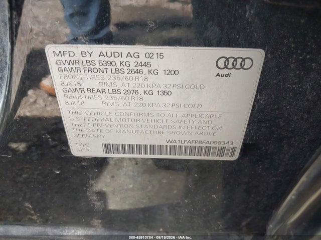 45910784 :رقم المزاد ، WA1LFAFP8FA098343 vin ، 2015 Audi Q5 2.0t Premium مزاد بيع