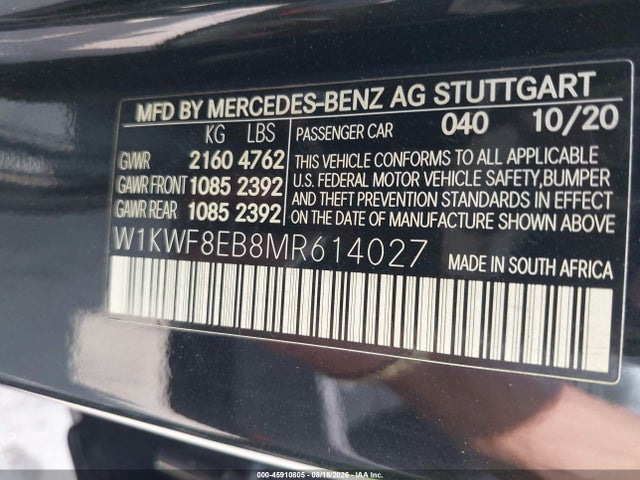 45910805 :رقم المزاد ، W1KWF8EB8MR614027 vin ، 2021 Mercedes-benz C 300 4matic مزاد بيع