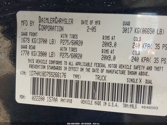 Aukcja sprzedaży 2005 Dodge Ram 1500 Slt/laramie, vin: 1D7HA18D75S266176, numer aukcji: 45910809