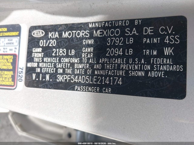 2020 Kia Forte Ex მანქანა იყიდება აუქციონზე, vin: 3KPF54AD5LE214174, აუქციონის ნომერი: 45910815